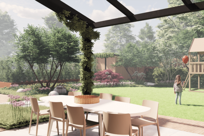 3D tuinontwerp met kinderspeeltoestel