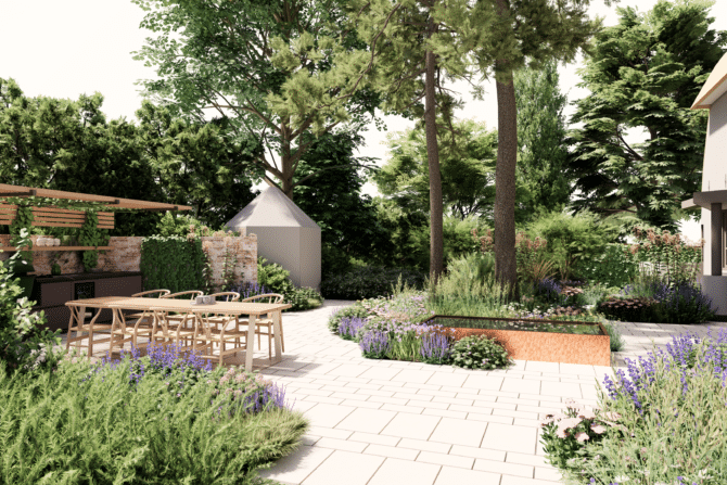 3D tuinontwerp met zitplaats