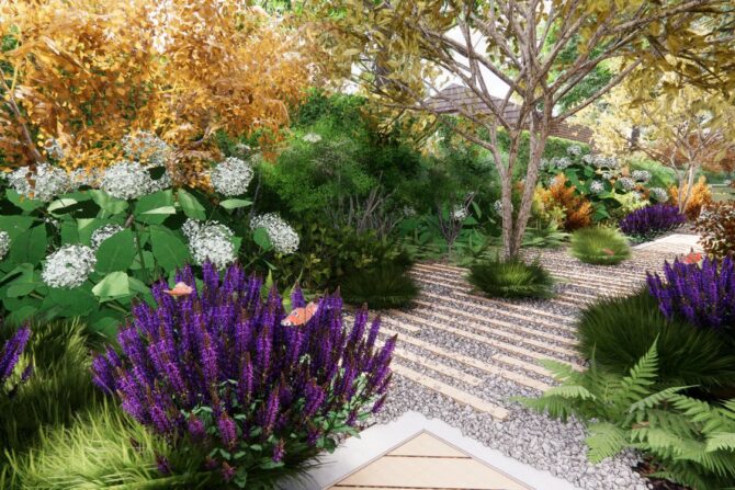 3D ontwerp tuin met boom