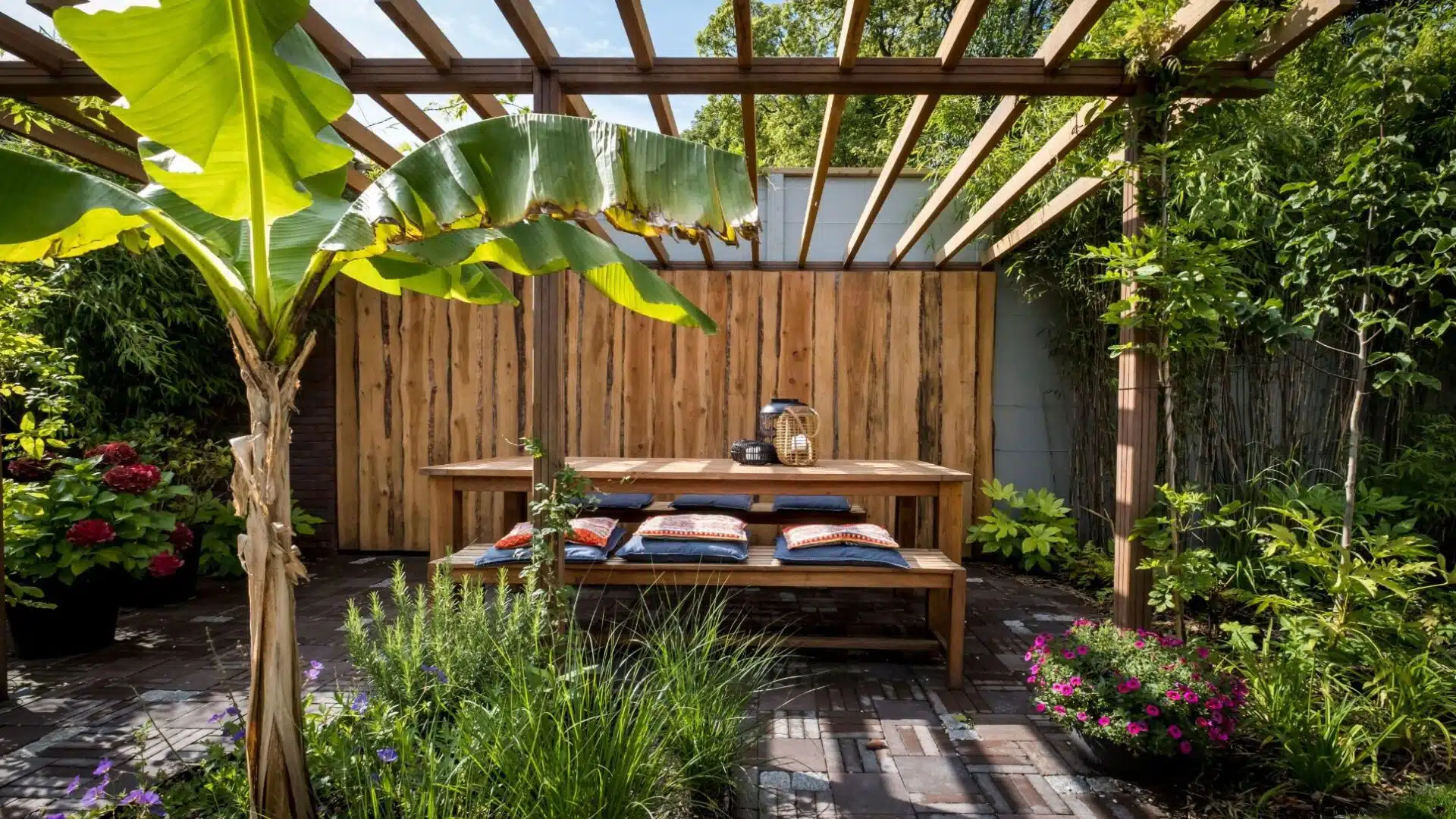 Tuinontwerp en tuinaanleg originele achtertuin met pergola